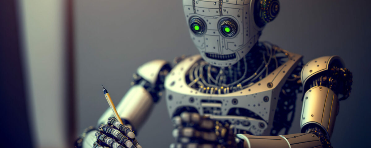 Chatgpt bot writing answers with pen on paper, Generative AI