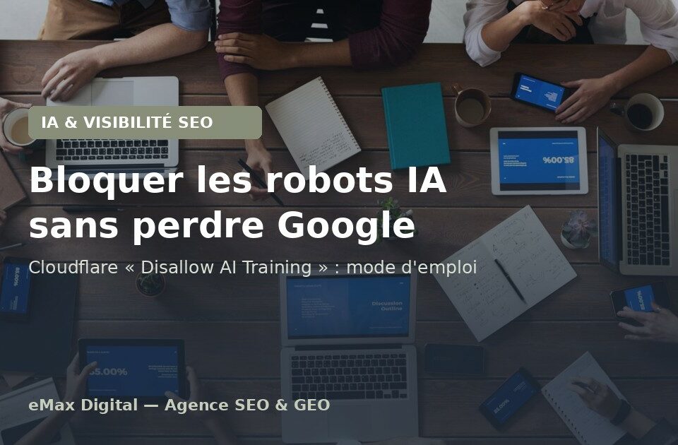 Équipe autour d'une table de travail avec ordinateurs et tablettes - Bloquer les robots IA sans perdre Google