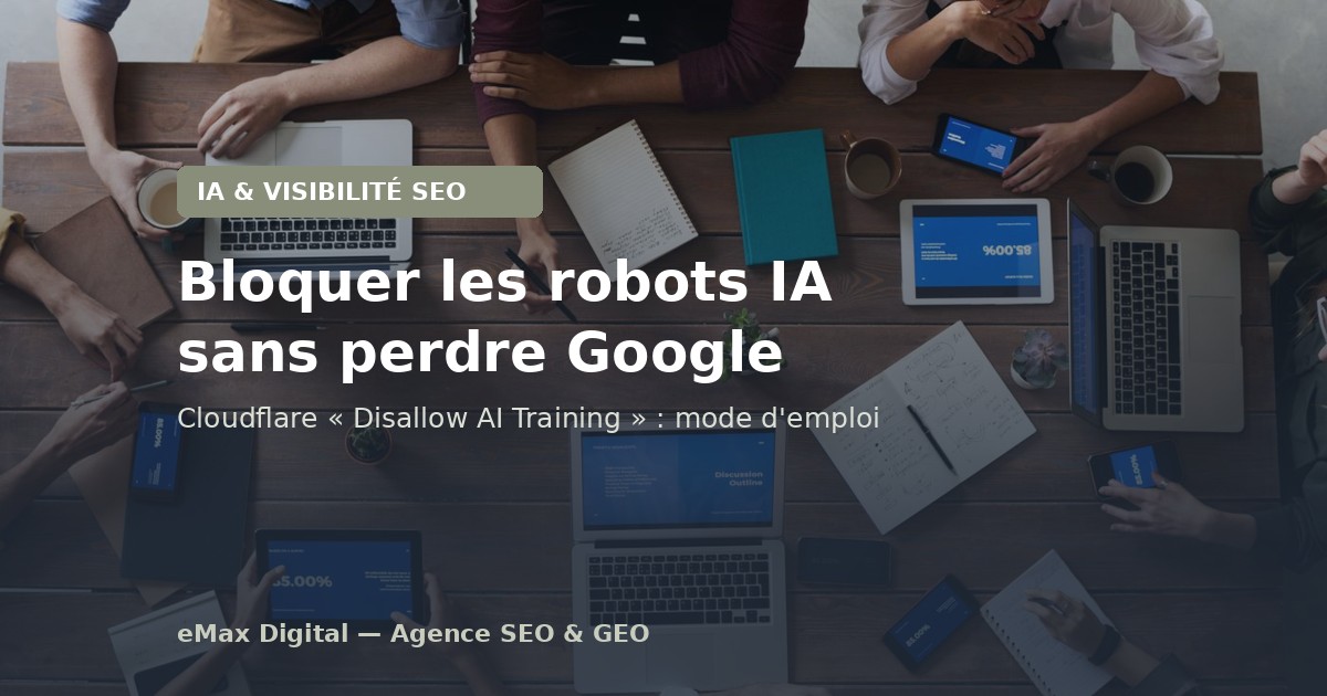 Équipe autour d'une table de travail avec ordinateurs et tablettes - Bloquer les robots IA sans perdre Google